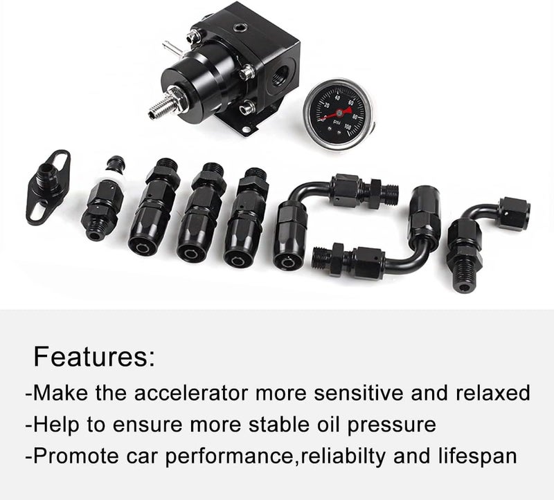 BARTOO Adjustable Fuel Pressure Regulator Kit with Bypass Return 30-70 psi Pressure Gauge, AN6-6AN Fuel Line Hose Fitting Connectors Kit(Black) - Image 4